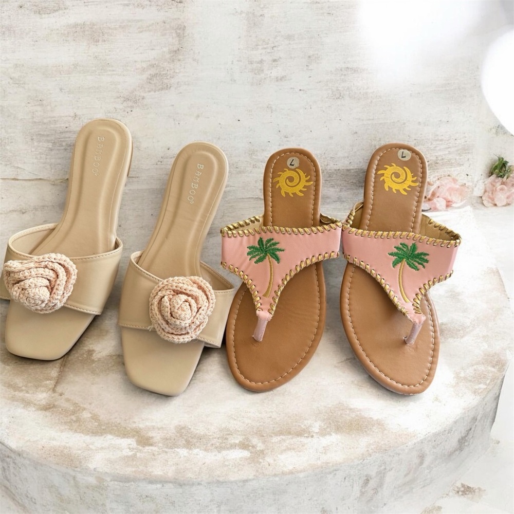 BAMBOO Beige Rosette Slide & Pink Palm Thong Sandals
